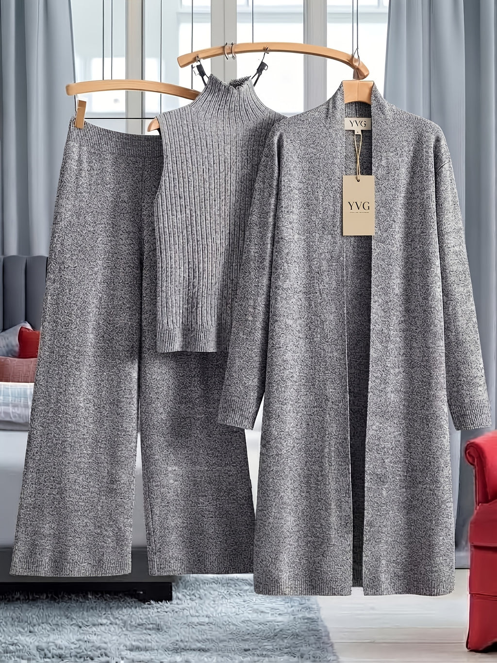 Genuine - Women's Autumn and Winter New Loose Set: Long Wide-Leg Pants + Shawl Cardigan + High-Collar Sweater Vest Fashion Three-Piece Set - product image