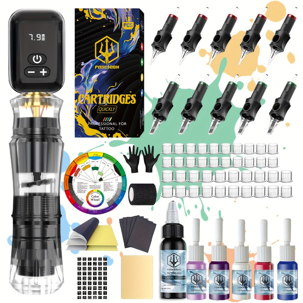 Rotary Tattoo Machine Kit Complete Set with 1400mAh Wireless Battery Digital Display 10 Cartridge Needles 6 Inks Practice Skin for Beginners & Professional Artists - product image 3