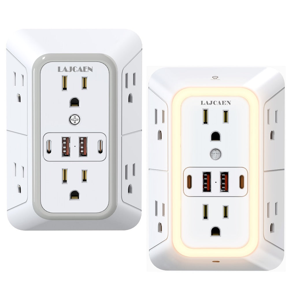 Outlet Splitter Wall Expander 10-in-1 with 6 AC Outlets 2 USB-A 2 USB-C Ports 3-Sided Plug Extender Surge Protector Night Light Compact Space-Saving Design for Home Dorm Apartment  - product image