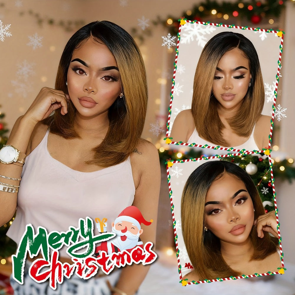 U Part 13x2 Lace Front Bob Wig Ombre Black Brown Straight Synthetic 12 Inch | Natural Hairline Lightweight Glueless for Women Daily Wear & Special Occasions - product image 2