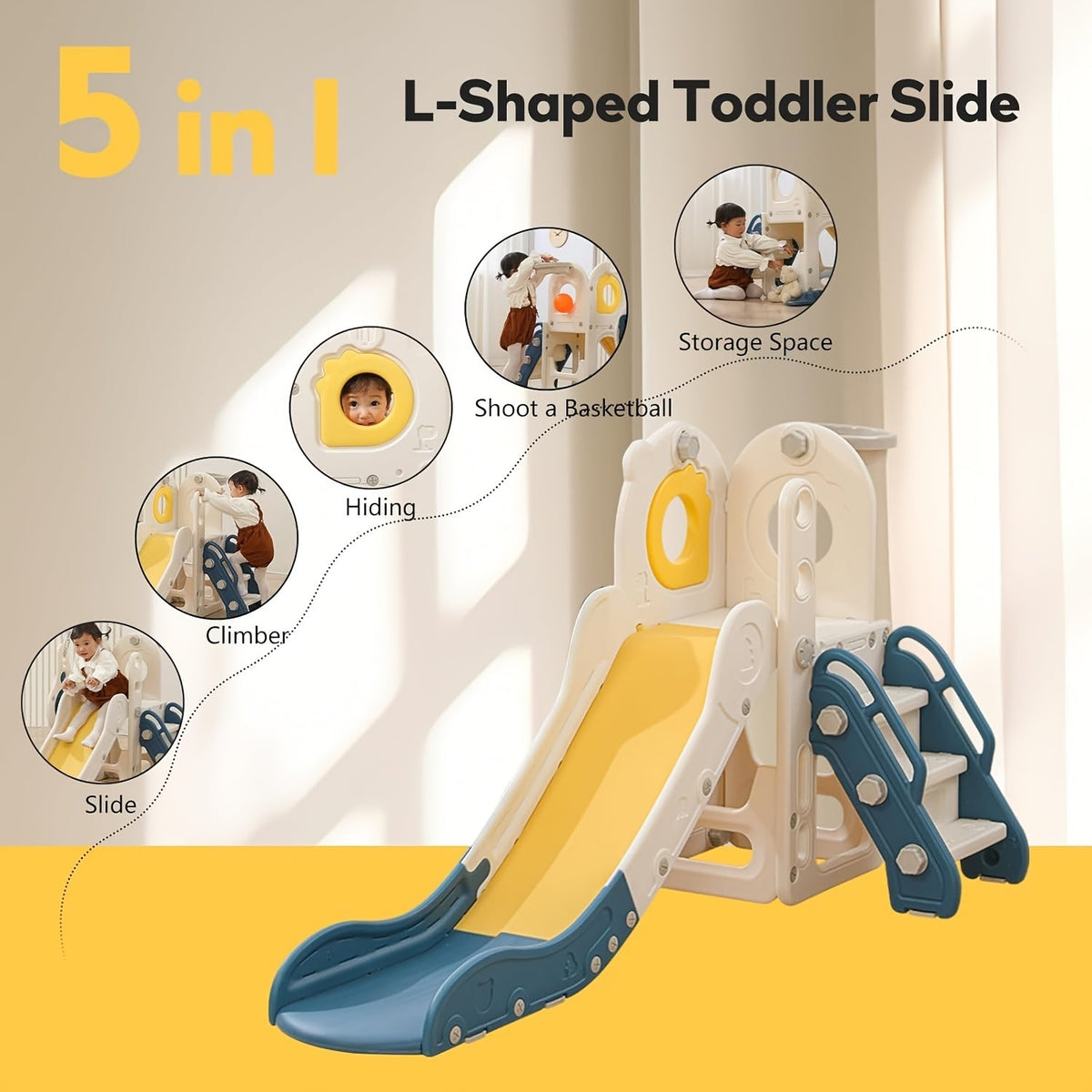 5-in-1 Toddler Slide with Basketball Hoop L-Shaped Freestanding Kids Indoor Outdoor Slide for Toddlers Ages 1-3 Boys Girls Birthday Playground Toy for Tidy - product image 3