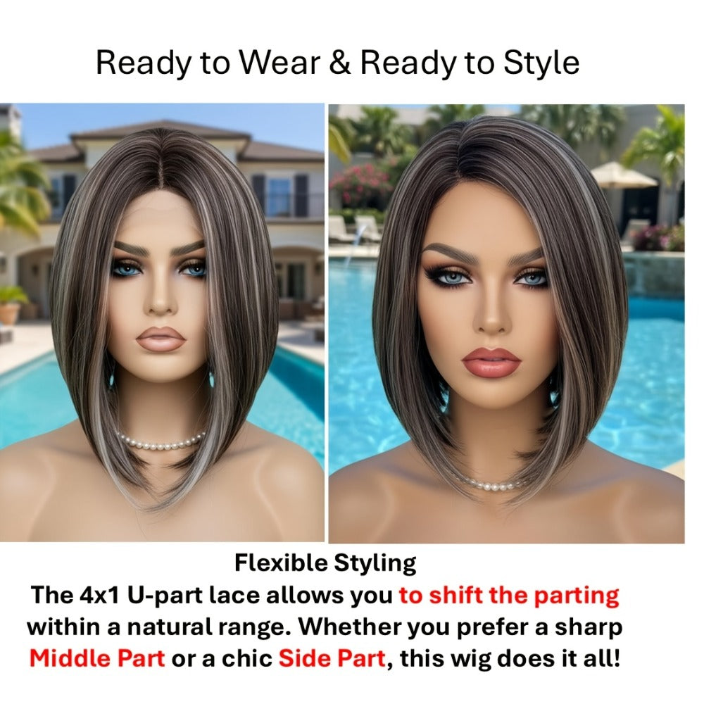U Part Lace Front Bob Wig 4x1 Glueless Rose Net Cap Middle Part Natural Hairline Synthetic Wig for Women 14 Inch Brown Highlights Milky White Black Pink - product image 21