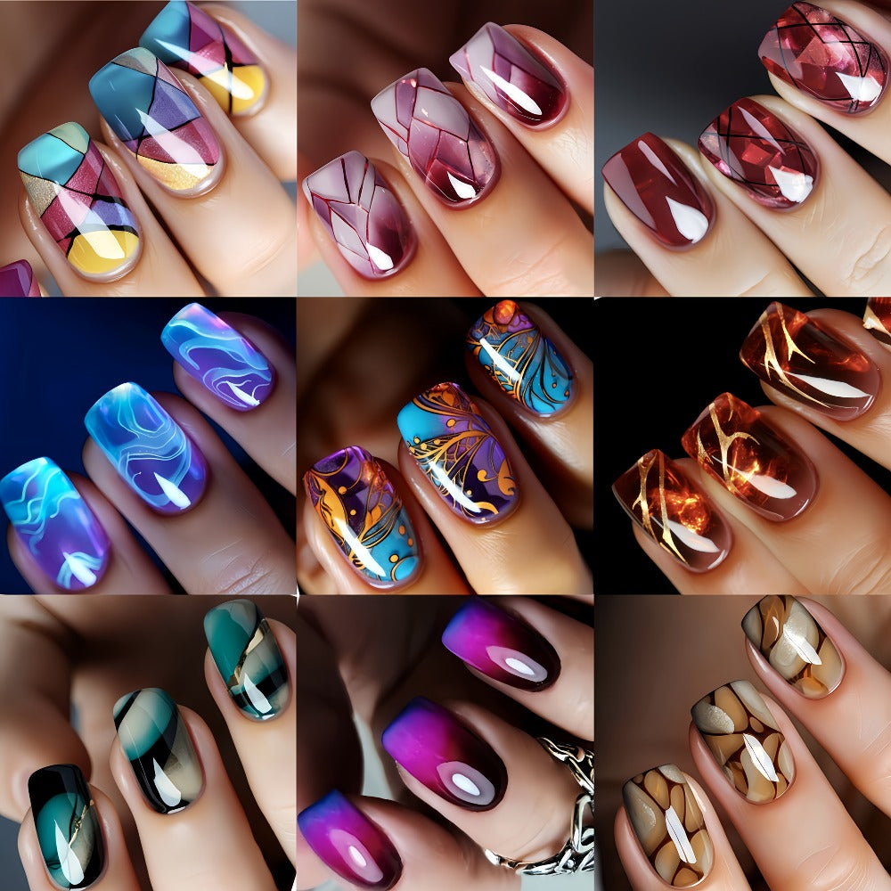 Marble Nails 216 Pieces 9 Packs Medium Square Glossy Press On Nails – Striped Gradient Flames Marble Designs Brown Blue Purple Reusable Full Cover Fake Nails for Women Girls - product image 5