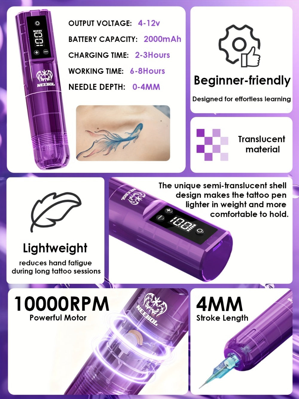 Cordless Tattoo Pen Machine Neebol Wireless Rotary Tattoo Gun with LCD Screen Display Lightweight Upgraded Design Cartridge Needle Compatible for Beginners & Professional Tattoo Ar - product image 17
