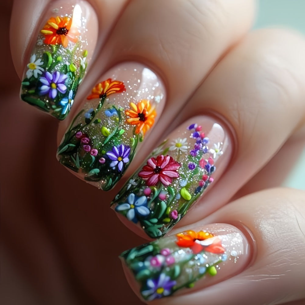 Floral Press On Nails 120 Pieces 5 Packs – Glossy Spring Summer False Nails Medium Square Full Cover Fake Nails with Striped & Mixed Color Designs | Removable Nail Art Set for Wome - product image 4