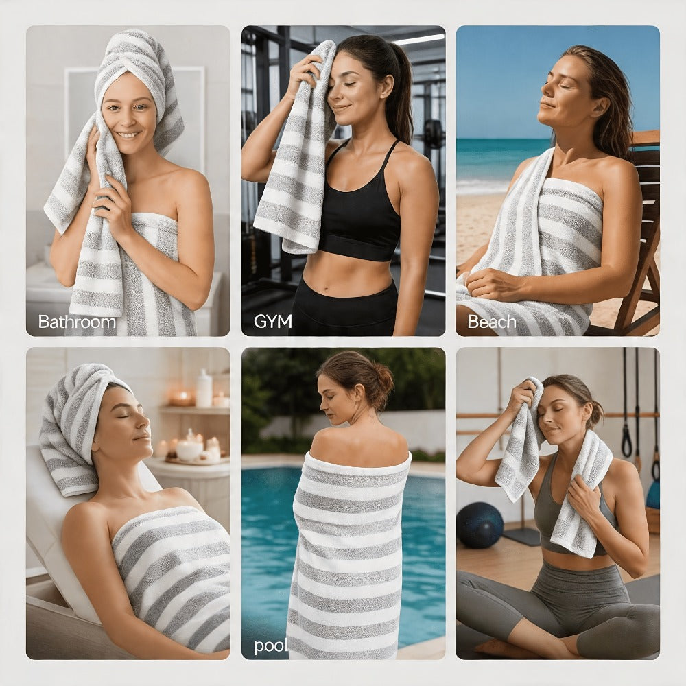 Striped Bath Towel Set 1 or 4 Pack 346GSM - 100% Polyester Super Soft Skin Friendly Absorbent Quick Dry | 70x140cm 27.6x55.1in | Green Gray Red Multi-Color | Home Bathroom Beach Es - product image 2