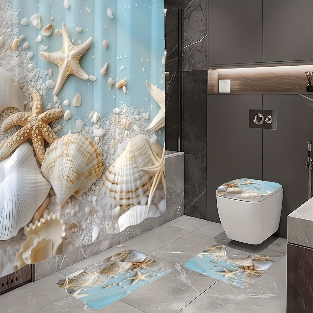 Shower Curtain Set Sea Star Shell Design Polyester with 12 Hooks Non-Slip Bath Mat U-Shaped Toilet Pad Lid Cover Bathroom Decor Set - product image 5