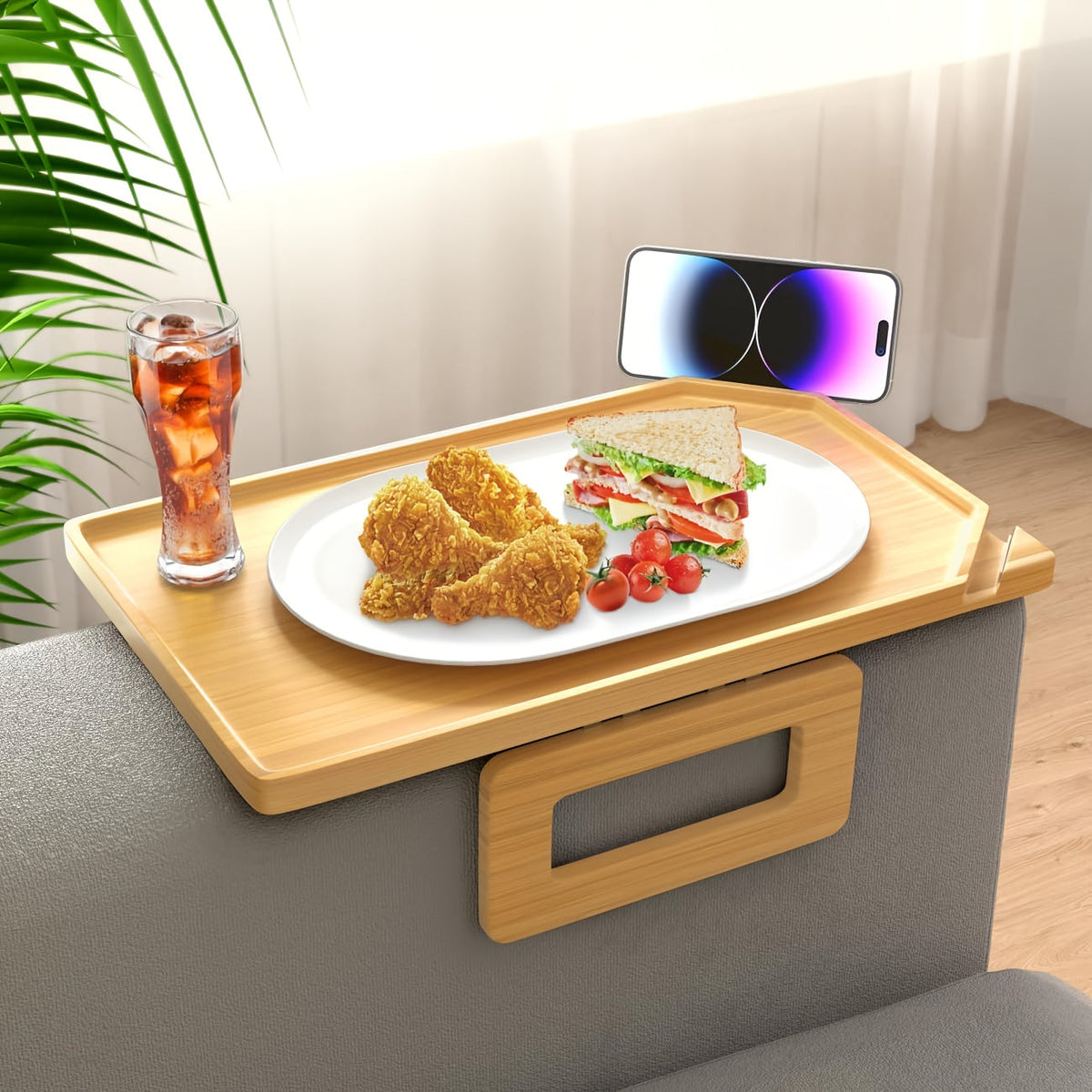 Bamboo Sofa Arm Tray with Folding Legs – Clip-On Couch Armrest Table for Snacks Drinks Remote Control Living Room Bedroom Breakfast Tray Natural Rectangular - product image 9
