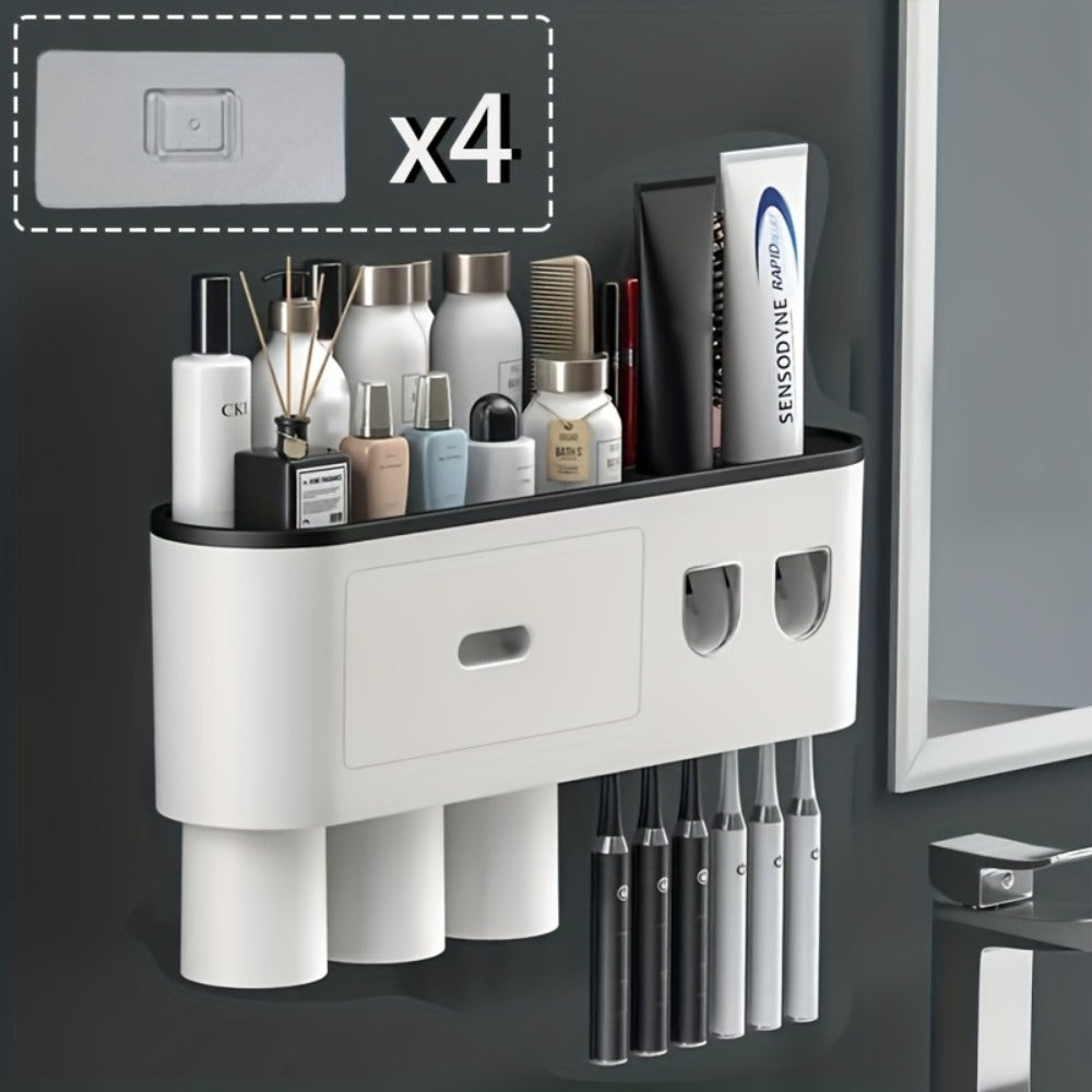 Wall Mounted Toothbrush Holder with Automatic Toothpaste Dispenser - 3 Cups Bathroom Organizer, Space-Saving Toothbrush Cup Holder for Family, Black & Gray - product image 6