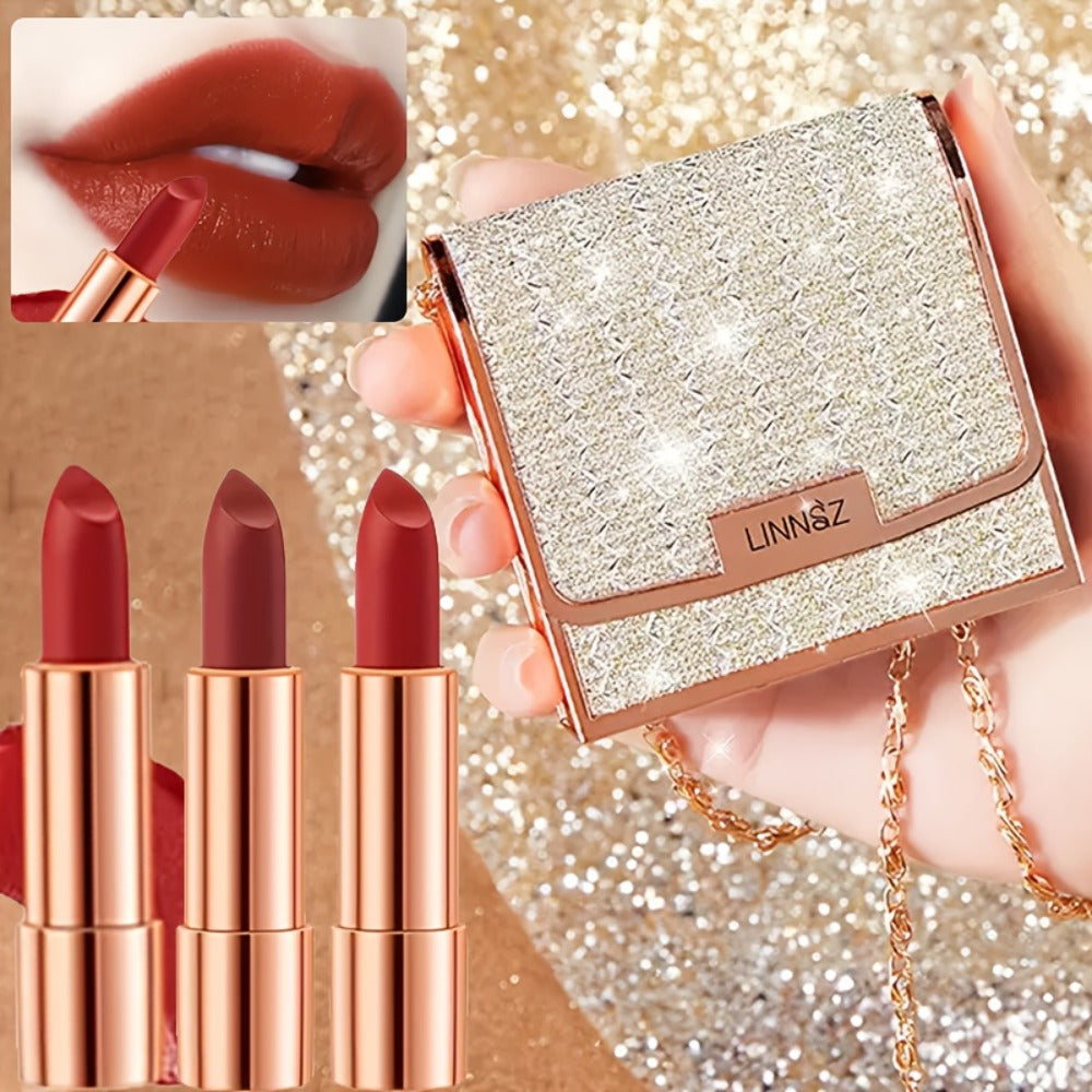 Matte Lipstick Gift Set 3 Pack Velvet Waterproof Long-Lasting Anti-Fading Intense Pigment Full Coverage Lip Color with Elegant Silvery Chain Bag for Women - product image 5