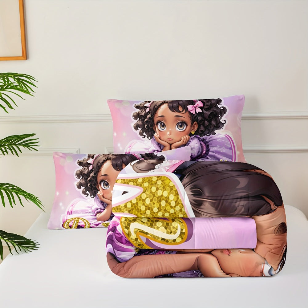 Comforter Set Queen Pink Princess Bedding Set 3 Piece Cute Floral Printed Bed Comforter with 2 Pillow Cases Soft Breathable Polyester All Season Bedding for Home Dorm Bedroom Decor - product image