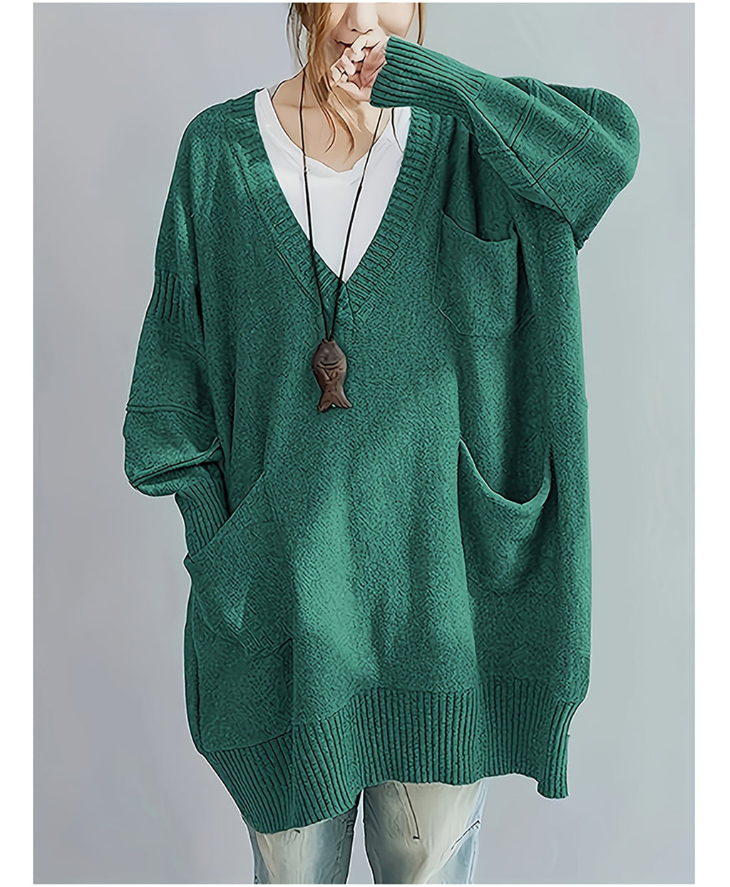 Plus Size, Women's Plus Size Oversized V-Neck Longline Sweater - Soft Machine-Washable Black Pullover for Fall Winter, Elegant Loose Fit Casual Chic Wardrobe - product image 21