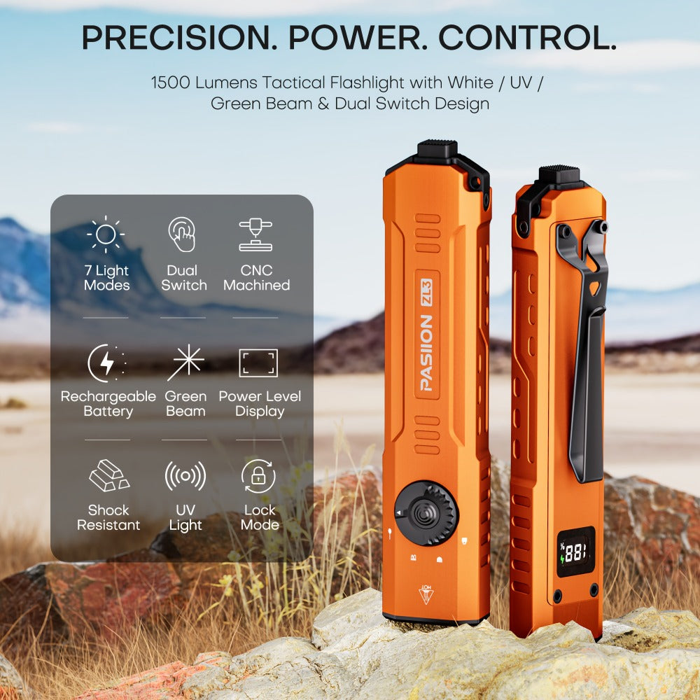Tactical Flashlight Green Laser UV 3-in-1 | 1500 Lumen Slim EDC Multi-Function Light with White Light + UV365 Ultraviolet + Green Laser Beam | USB Rechargeable for Home Outdoor Dai - product image 13