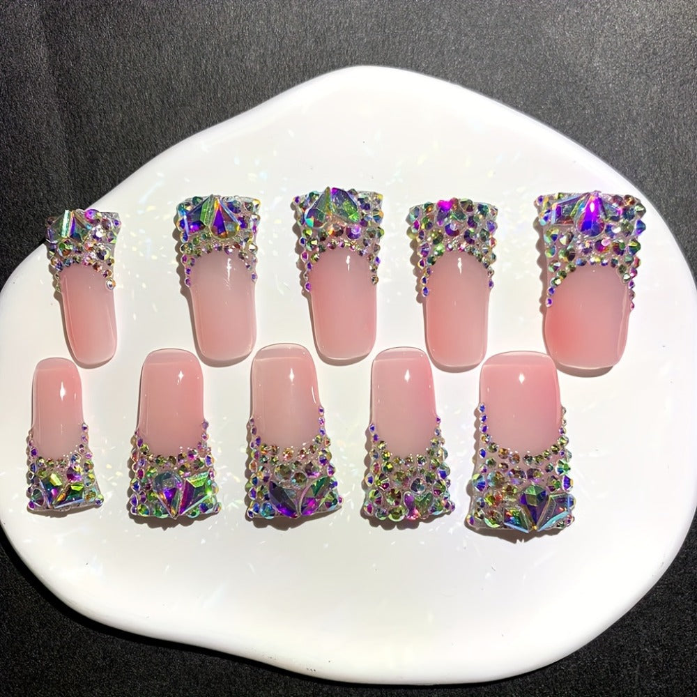Press On Nails Duckbill French Tip AB Diamond Shiny Nude – Long Handmade Wearable Nail Set 10pcs with Tools for Wedding Party Date School S/M/L - product image 7