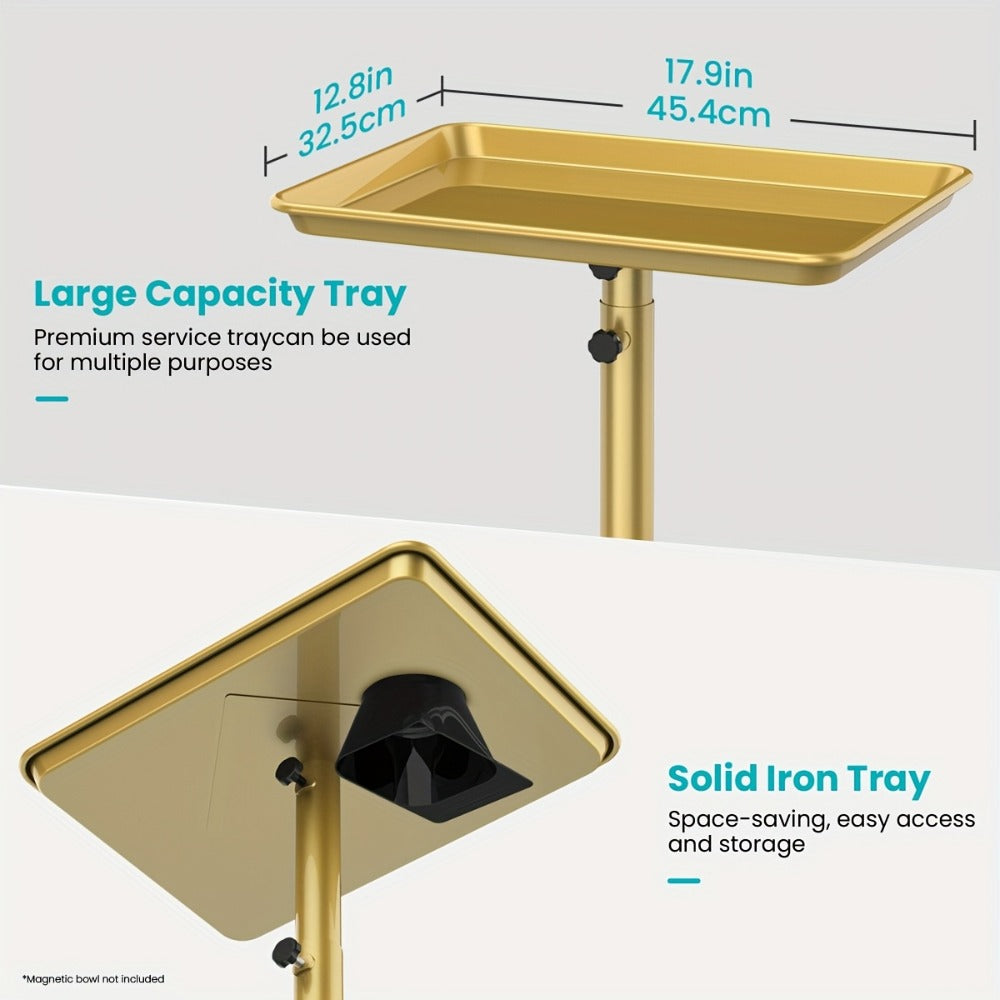 Salon Rolling Tray Cart with Wheels & Adjustable Height 30"-42" - Professional Trolley with Removable 18"x13" Tray, 360° Swivel Casters for Hair Stylist Tattoo Esthetician, Gold &  - product image 5