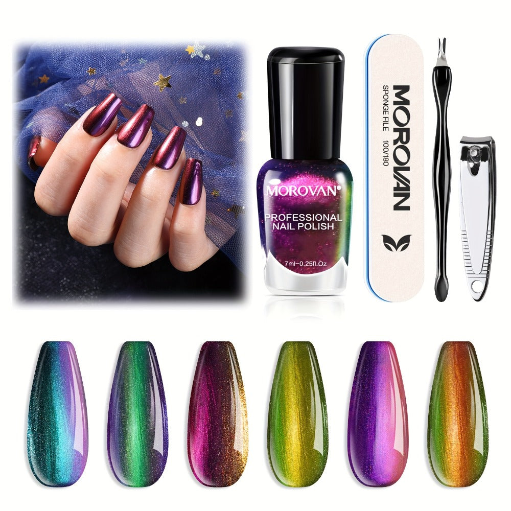 Holographic Nail Polish Set 6pcs Air Dry No UV Lamp – Metallic Glitter Rainbow Shimmer Lacquer 0.25oz, Finger & Toenail Polish Kit, Nail Art Gift Set for Women Girls by Morovan - product image