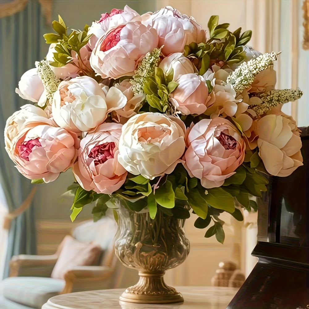 Faux Peonies Hydrangeas Artificial Flowers Vintage Silk Bouquet - Pink Green Mix Floral Centerpiece for Bridal Wedding Home Table Decor Rustic Farmhouse Arrangement - product image 2