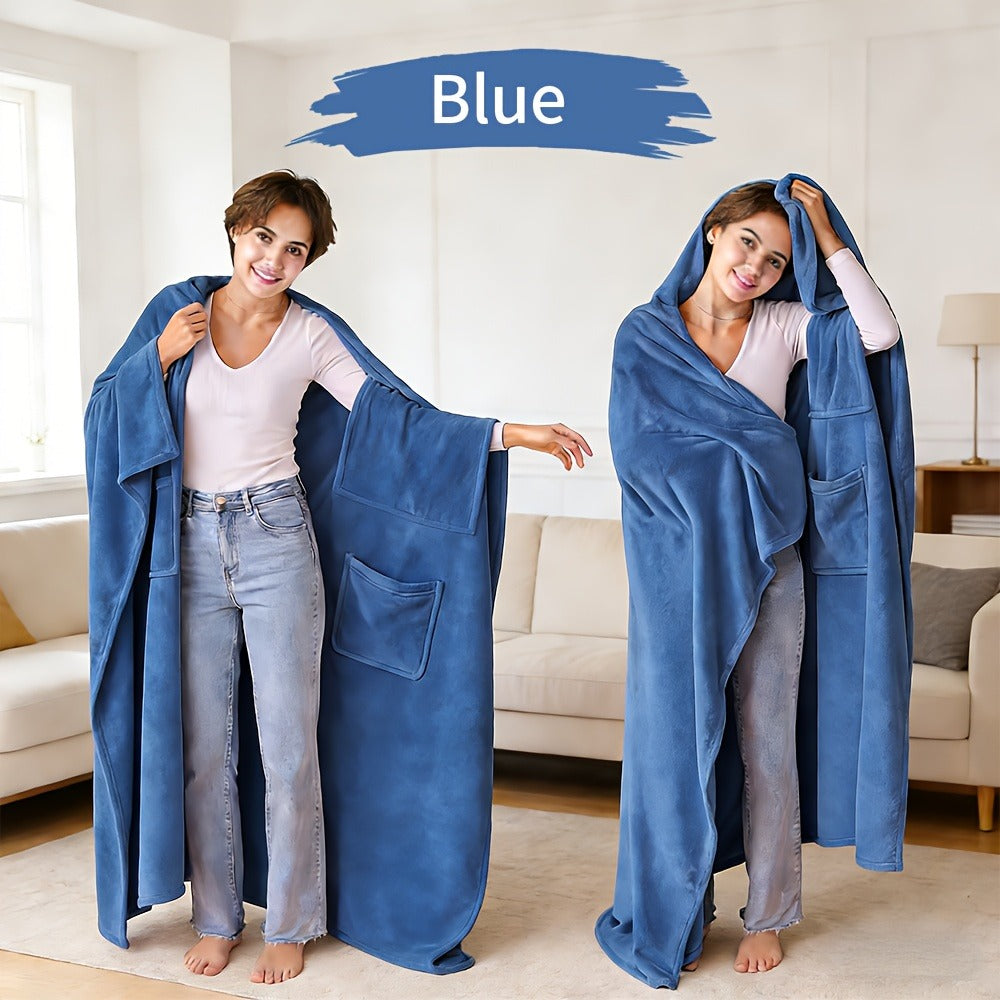 Wearable Blanket Shawl with Inner Pocket - Soft Flannel One-Piece Wrap for Adults Women Men, Cozy Sofa Travel Blanket Machine Washable, Grey Dark Blue Black - product image 5