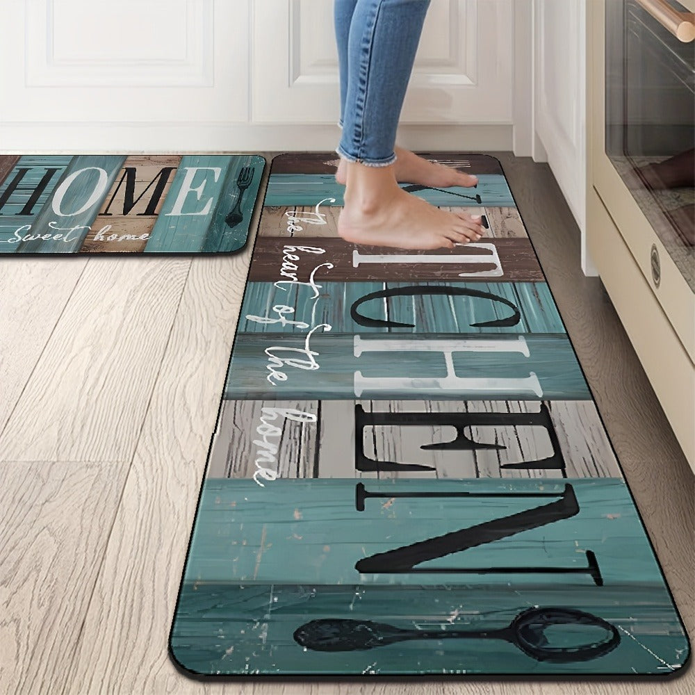 Diatomaceous Earth Kitchen Mat Set 2pcs - Non-Slip Anti-Fatigue Rug for Kitchen Bathroom Bedroom Hallway, Green Brown Wood Plank Pattern, Easy Clean - product image