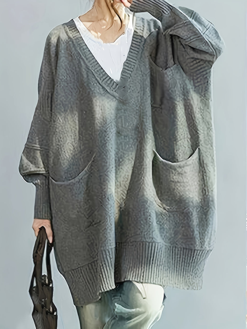 Plus Size, Women's Plus Size Oversized V-Neck Longline Sweater - Soft Machine-Washable Black Pullover for Fall Winter, Elegant Loose Fit Casual Chic Wardrobe - product image 33