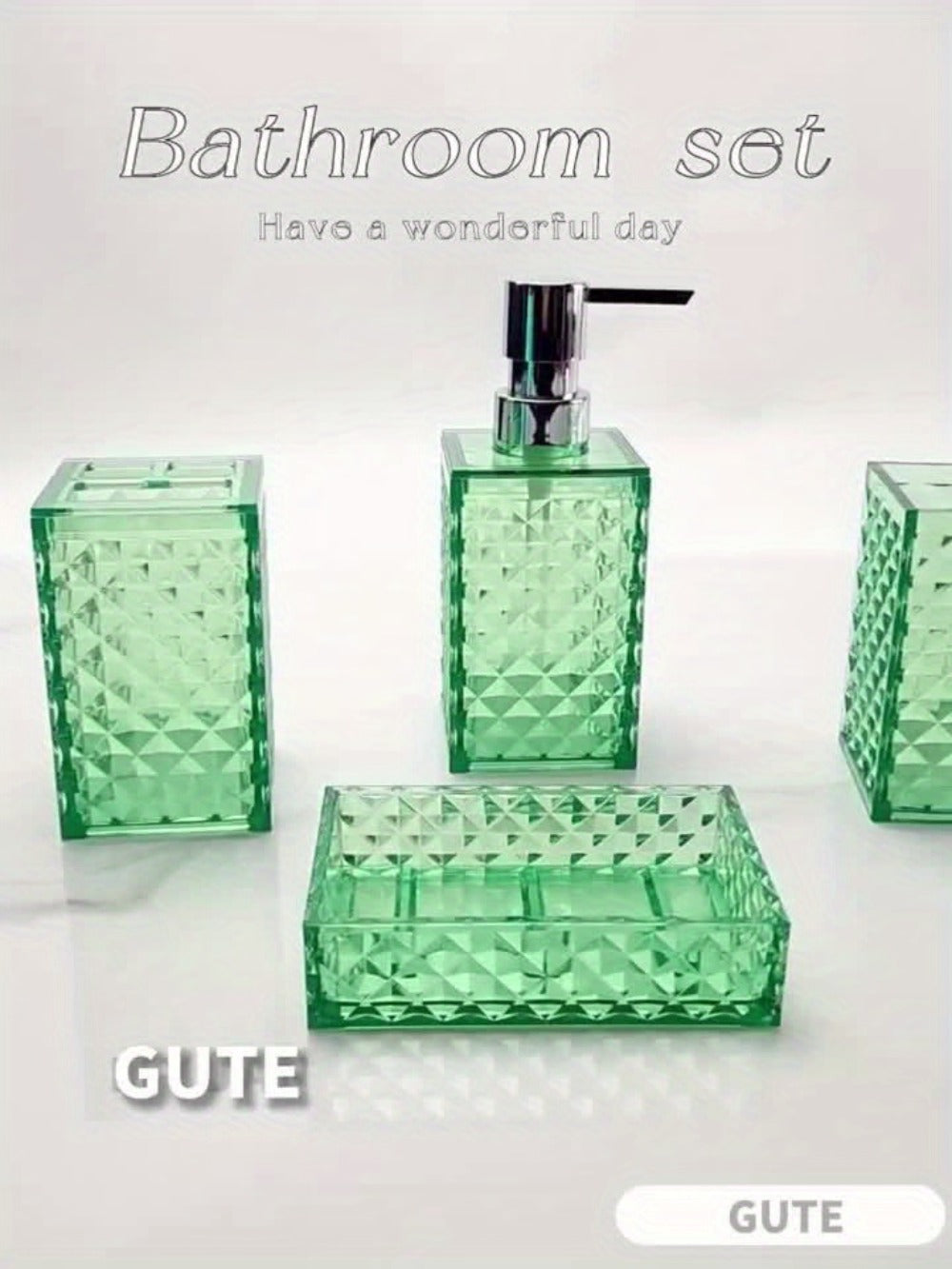 Bathroom Accessories Set 4-Piece Diamond Grid Plastic Organizer Soap Dispenser Toothbrush Holder Grey Blue Green - product image 8