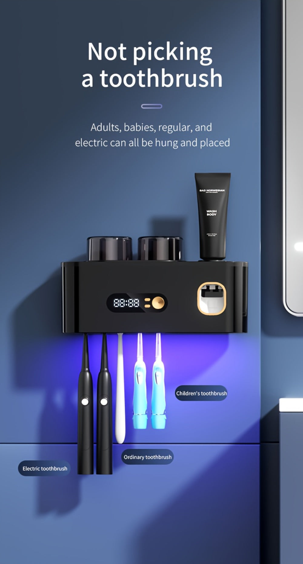 Toothbrush Holder with UV Sterilizer & Automatic Toothpaste Dispenser – 5-Slot Smart Bathroom Organizer with 2 Cups, USB Rechargeable, Clock Display, Durable Plastic Wall Mount for - product image 16