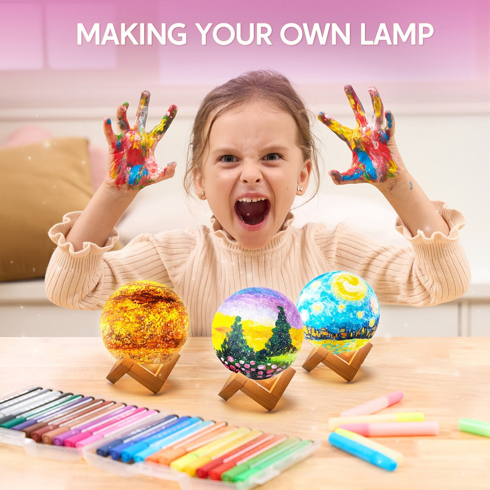 DIY Moon Lamp Craft Kit for Kids Paint Your Own 3D Moon Night Light with 12 Paints 4 Metallic Colors 2 Brushes Wooden Base Arts and Crafts Gift for Girls Boys Ages 6+ Birthday Christmas for Festive Home Decor