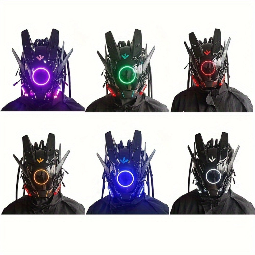 LED Punk Mask with Tubular Braids & Helmet | Futuristic Sci-Fi Mechanical Cosplay Mask for Halloween, Rave Music Festival & Party, Blue Green Pink, Handmade - product image 4