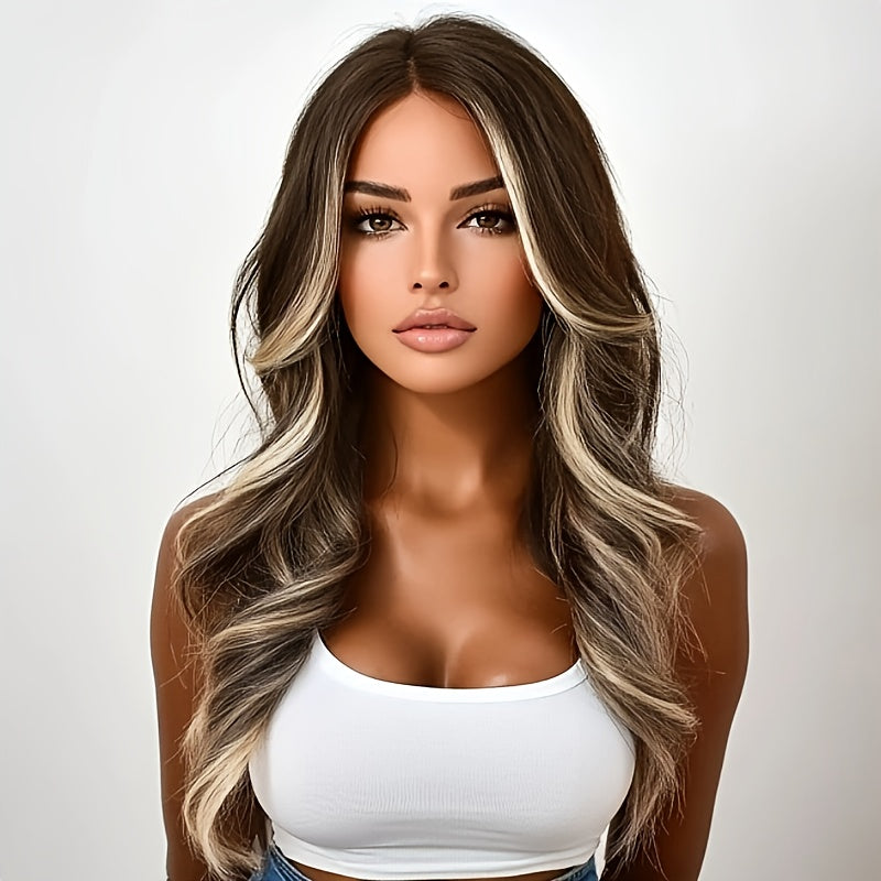 Rose Net Cap Wig Water Wave 30 Inch Long Curly Synthetic Brown Highlights Middle Part Beginner Friendly Glueless Natural Look Daily Wear Women - product image 7