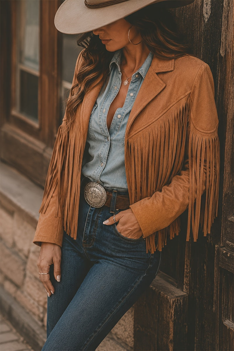 Women's Faux Fringe Jacket, Motorcycle Short Outerwear, 2026 Western Style Fashion Autumn/Winter Long Sleeve Denim Cardigan Jacket, Deer Velvet Faux Fringe - product image 11