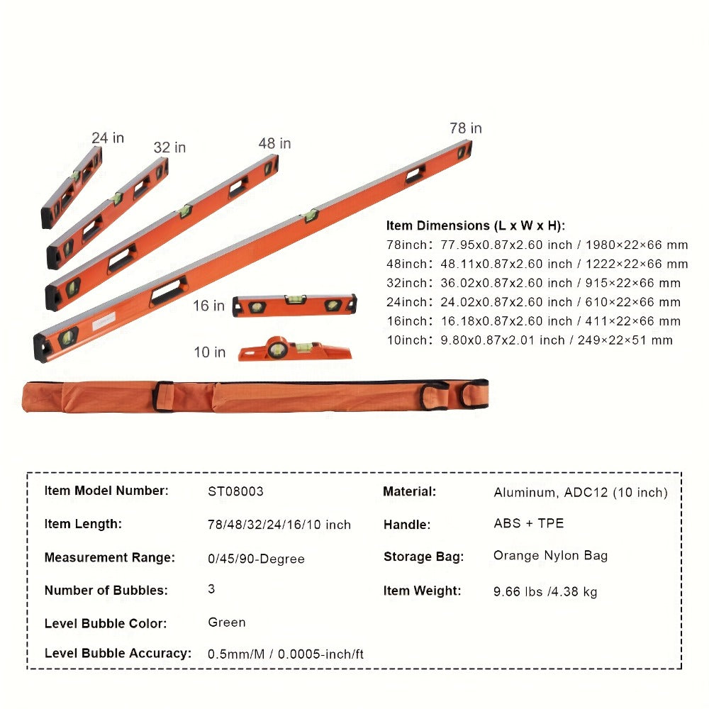 Torpedo Level Set 6-Piece Magnetic Aluminum Alloy | 10 16 24 32 48 78 Inch Spirit Level with 45 90 180 Degree Bubble Vials | Shock-Resistant Viewing Window Storage Bag Plumbing Woo - product image 4
