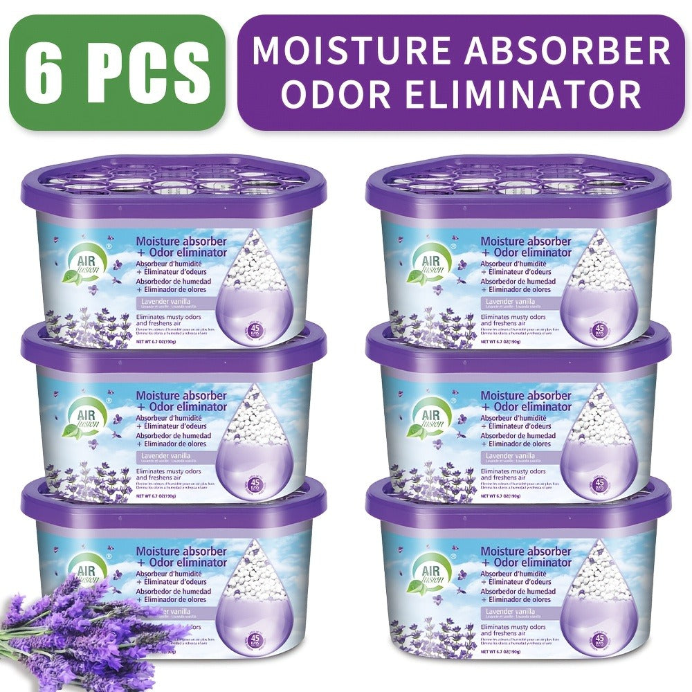 Moisture Absorber Dehumidifier Box 6-Pack – Odor Eliminator & Humidity Controller for Closet, Bathroom, Kitchen, Pantry, Boat & RV – Lavender Vanilla, Fresh Linen, Jasmine Blossom, - product image