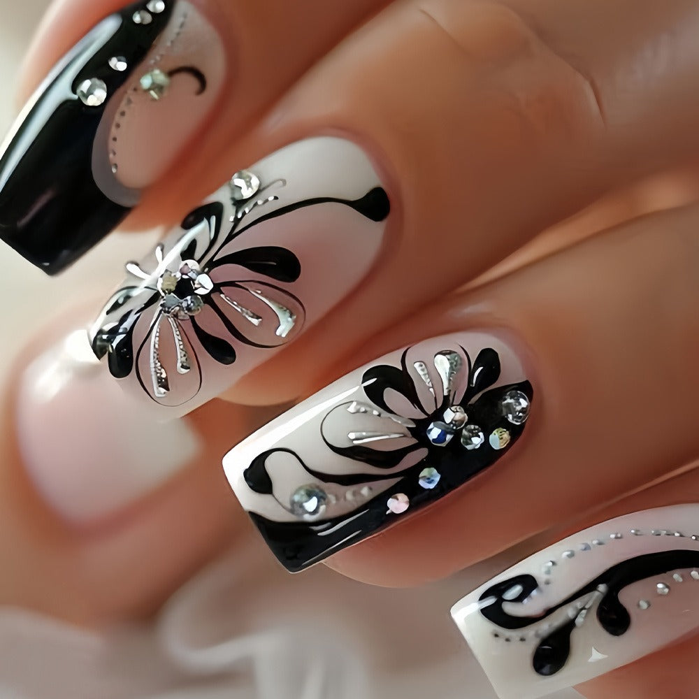 Matte Press On Nails 48 Pieces Black White Square – French Tip Butterfly Pattern Full Cover Detachable False Nails for Women | Elegant Nail Art Gift Set for Valentines Day Holiday  - product image 6