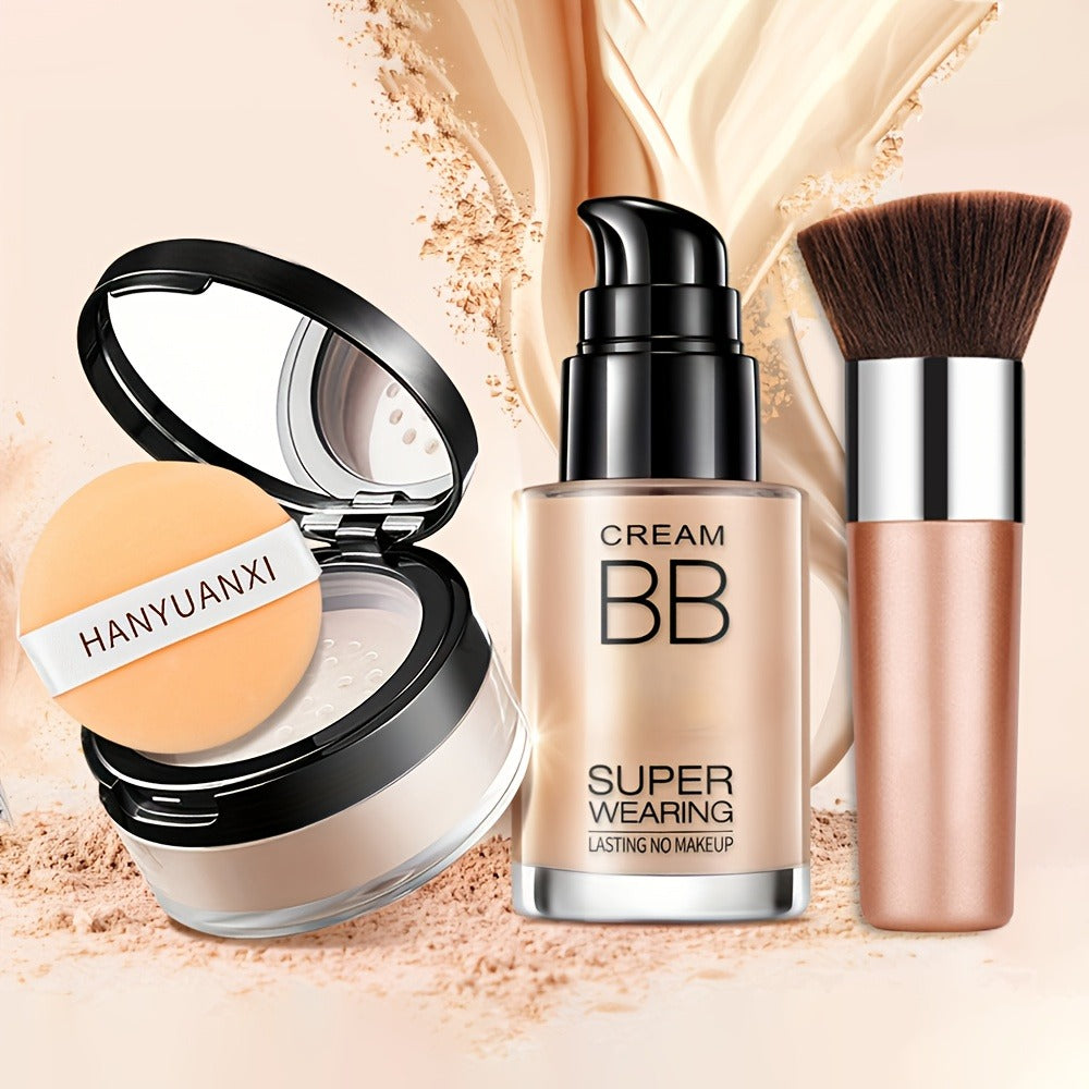 BB Cream Makeup Kit with Loose Setting Powder Brush & Sponge — Full Coverage Waterproof Long-Lasting Hydrating Foundation Set for All Skin Types, Women Beauty Gift - product image