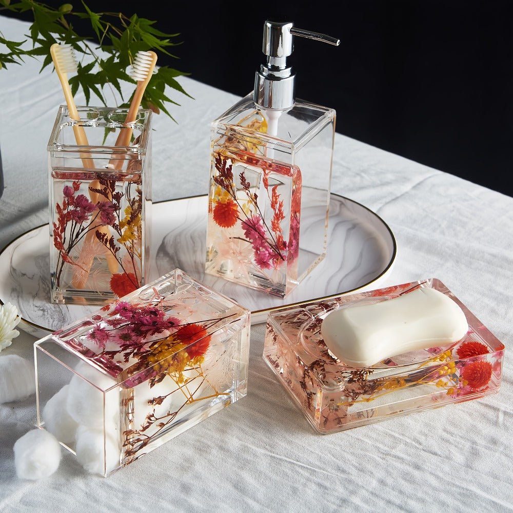 Bathroom Accessory Set 4-Piece 3D Floating Motion Acrylic Liquid Vanity Kit - Tumbler, Toothbrush Holder, Soap Dispenser & Soap Dish, Handcrafted Shell & Leaf Decor, Ocean Dolphin  - product image 10