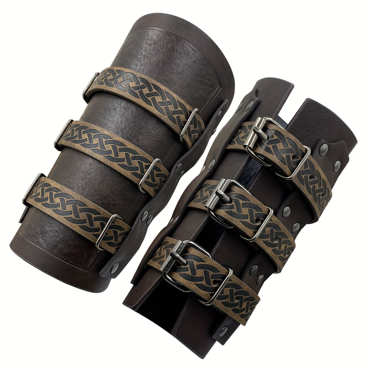 Embossed Renaissance LARP Cosplay Costume Accessory for Halloween, Stage Performance & Photography, Brown & Black, 1pc or 2pcs – Medieval Faux Leather Bracers Viking Arm Guards
