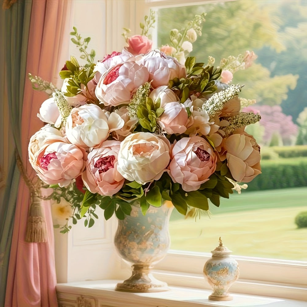 Faux Peonies Hydrangeas Artificial Flowers Vintage Silk Bouquet - Pink Green Mix Floral Centerpiece for Bridal Wedding Home Table Decor Rustic Farmhouse Arrangement - product image 3