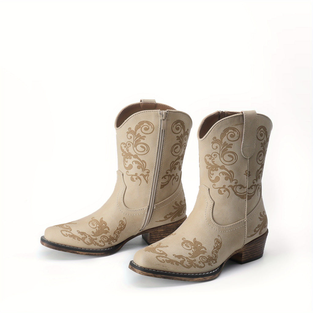 Women's Western Cowgirl Boots - Low Chunky Heel Square Toe Ankle Booties with French Heel & TPR Sole, Retro Round/for - Cowboy Boots for Ranch, Festival, Casual Wear (Zipper Closure), Women Shoes