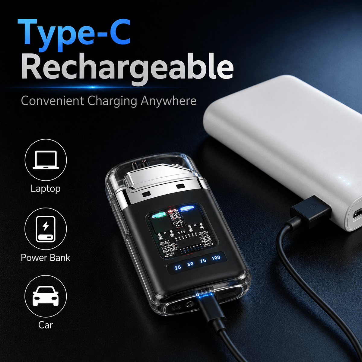 USB-C Rechargeable Plasma Lighter, Windproof Flameless Double Arc Electric Lighter with LED Battery Display, Transparent Portable Lighter for Candles, Camping - product image 6