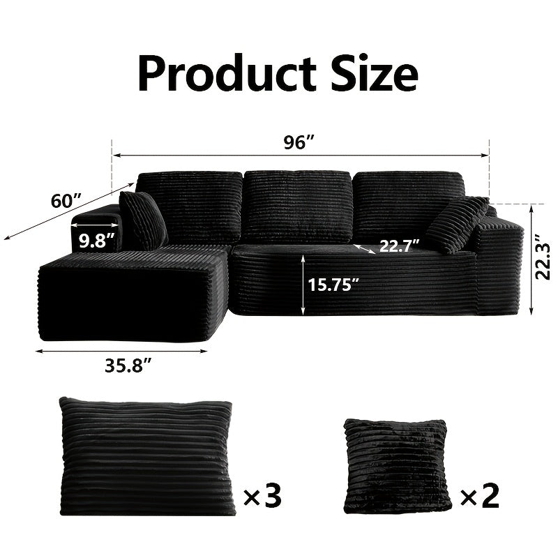 96-inch L-shaped Chaise Set, 65-inch Single Chaise Lounge, Oversized Boneless Leisure Recliner Covered with Soft Corduroy Fabric, Equipped