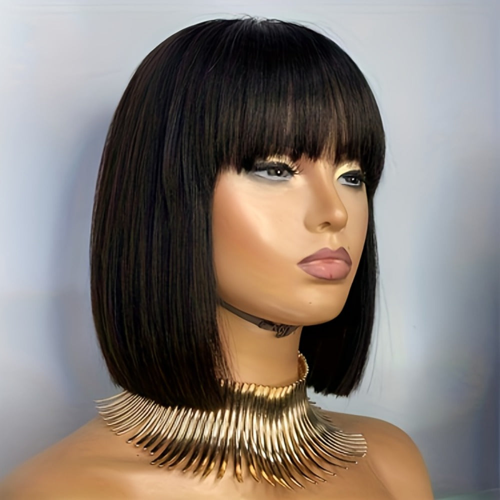 Brazilian Human Hair Bob Wig No Glue 200% Density Full Machine Made Straight with Bangs for Women | Natural Black 8 10 12 16 Inch | Glueless Beginner Friendly - product image