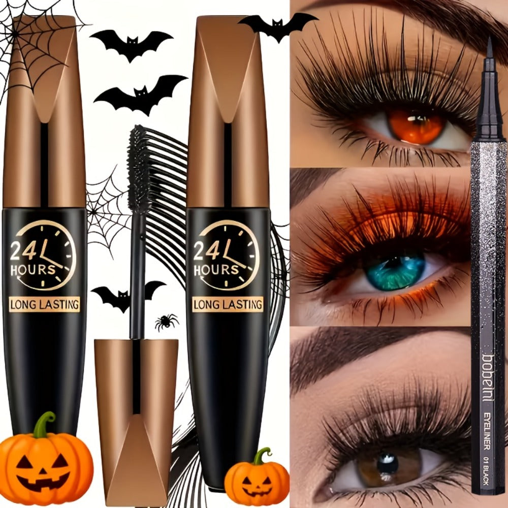 8D Fiber Mascara Set 2 Pcs Volumizing Lengthening Smudge-Proof Waterproof Long-Lasting Lash Extension Enhancer with Eyeliner Pencil Bold Black Eye Makeup Gift for Her - product image 2