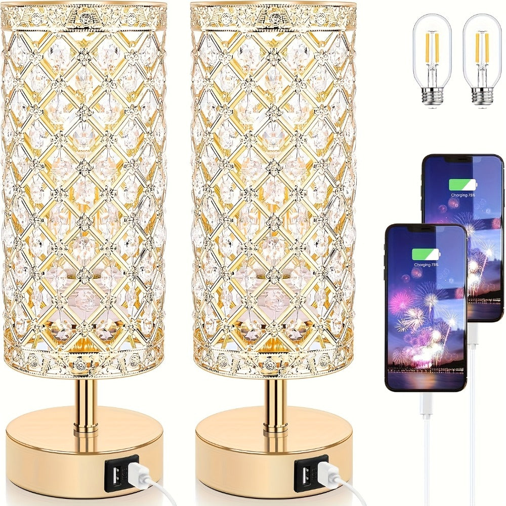 Crystal Bedside Table Lamp with Touch Control & 2 USB Charging Ports, 3-Way Dimmable Nightstand Lamp with Decorative Crystal Base, LED Bulb Included, for Bedroom Living Room Office - product image 3