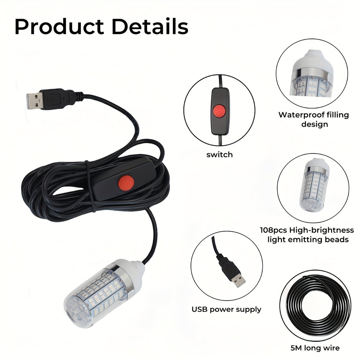IP68 Waterproof Night Fishing Lure Light with USB Connector & 16.4ft Cable, Super Bright Submersible Fish Attracting Light for Boat, Ice Fishing & Night - product image 2