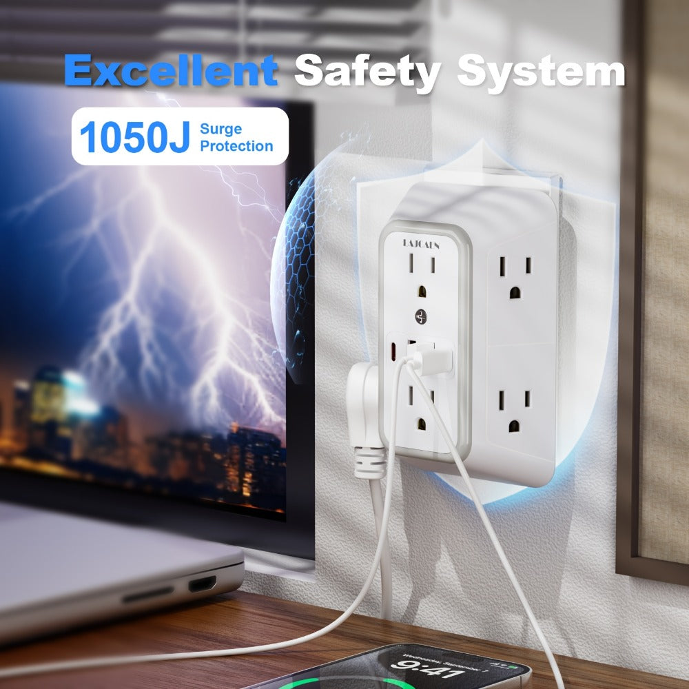 Outlet Splitter Wall Expander 10-in-1 with 6 AC Outlets 2 USB-A 2 USB-C Ports 3-Sided Plug Extender Surge Protector Night Light Compact Space-Saving Design for Home Dorm Apartment  - product image 6
