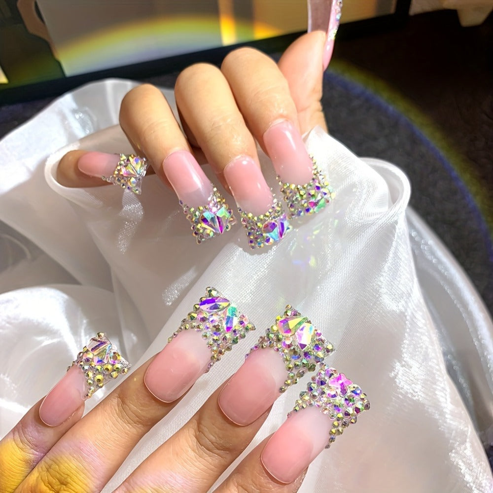 Press On Nails Duckbill French Tip AB Diamond Shiny Nude – Long Handmade Wearable Nail Set 10pcs with Tools for Wedding Party Date School S/M/L - product image 2
