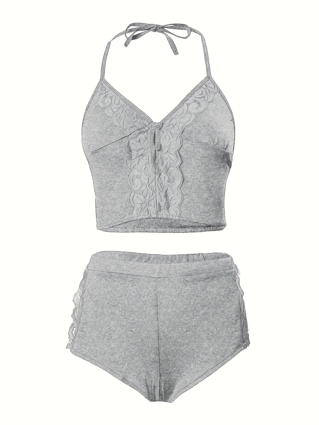 Solid Color Lace Splicing Halter Neck Tie Backless Button Splicing Bilateral Side Opening Lace Splicing Soft -friendly Sexy Home Pajamas Set - product image 40