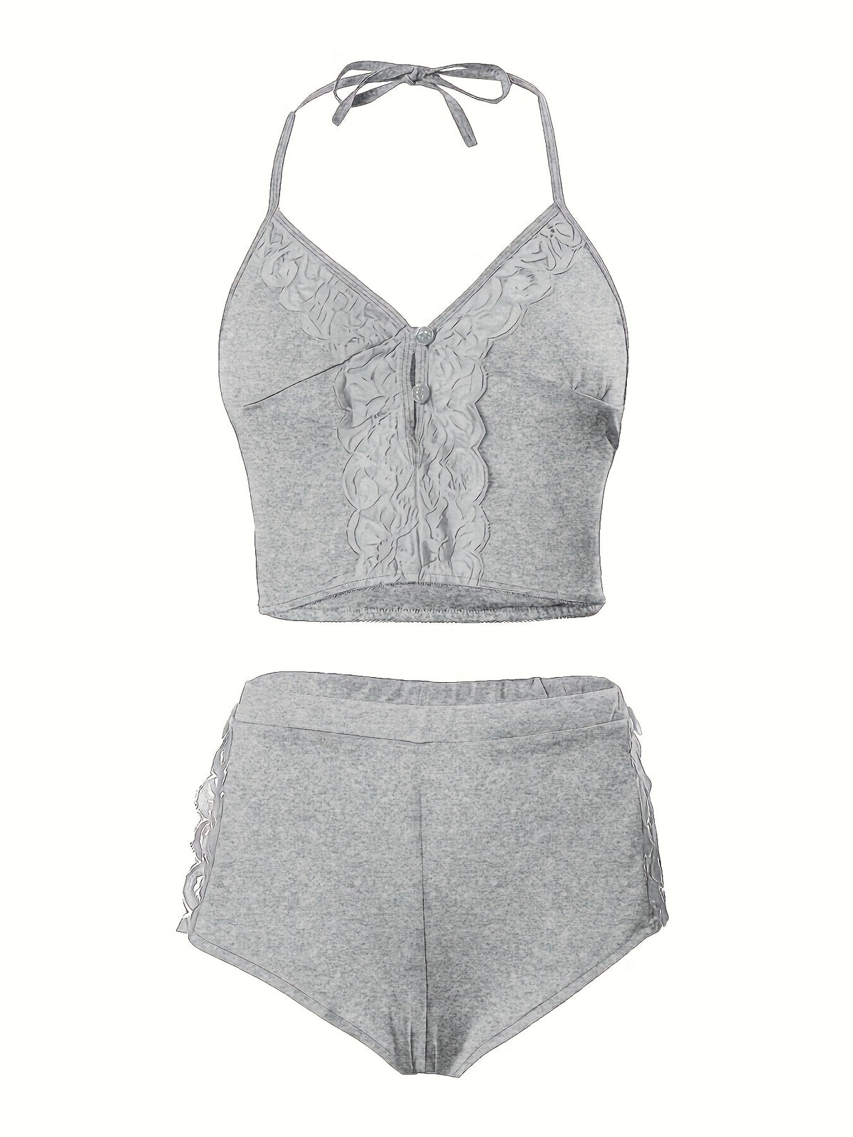 Solid Color Lace Splicing Halter Neck Tie Backless Button Splicing Bilateral Side Opening Lace Splicing Soft -friendly Sexy Home Pajamas Set - product image 40