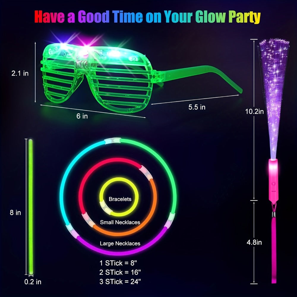Neon Glow Rings LED Glasses Glow Sticks & Fiber Optic Hair Clips for Blacklight Birthday Party, Wedding, Concert, Rave & New Year's Eve – Glow in the Dark Party Supplies 120 Piece Set