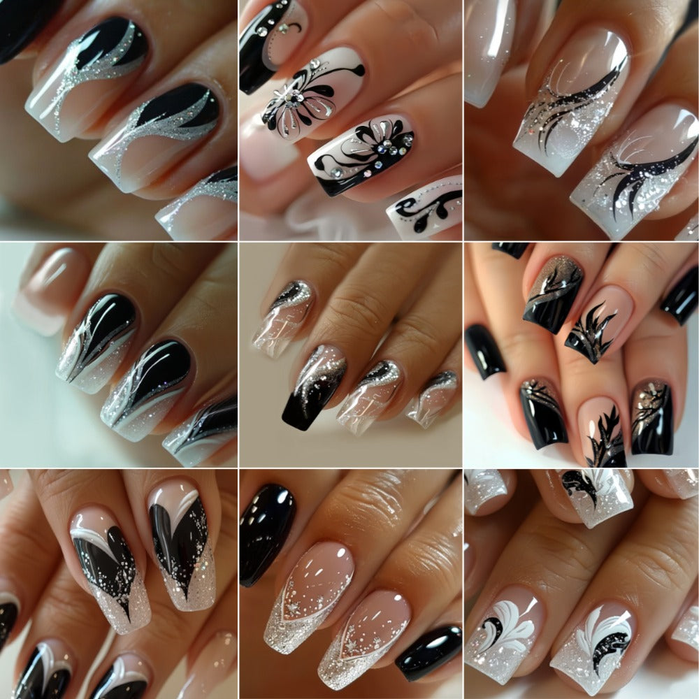 Black White Square Press On Nails 216 Pieces 9 Packs – 3D Butterfly Floral Fox Tail Glitter Marble Geometric Designs | Glossy Full Cover Acrylic Nails with Jelly Glue & File for Wo - product image